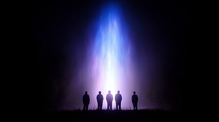 Five Silhouetted Figures Standing Before a Brilliant Vertical Light Beam in Darkness.
