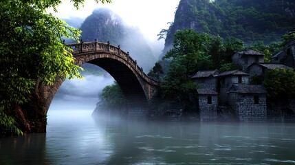 Fototapeta premium Serene landscape featuring an ancient stone bridge over a misty river with lush greenery