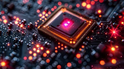 Obraz premium Close-Up Of Computer Microchip On Circuit Board With Red Lights, Technology Background