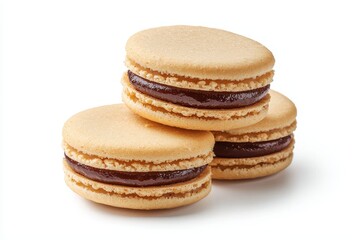 Delicious French macaron with chocolate filling on a white background
