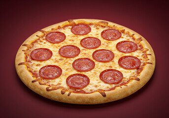 Pizza de Pepperoni com Bordas Douradas sobre Fundo Sólido Vermelho