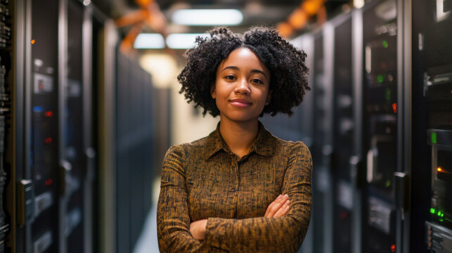 Confident Businesswoman in Data Center with Server Racks