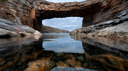 Coastal rock arch reflection, calm water, travel landscape