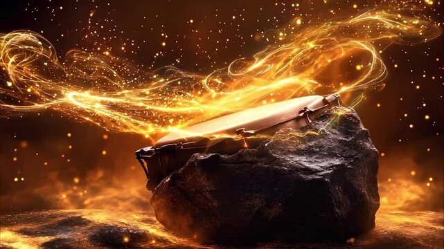 A tambourine resting on a rock, surrounded by glowing golden swirls and sparks, creating a mystical atmosphere.