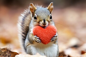 Obraz premium Squirrel - my cherished animal. Cute squirrel baby with fluffy red heart on in a natural habitat. Promotion animal creative. Natural valentine's embrace. Sweet forest love story. Wild love.