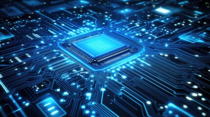 Central Processing Unit: A close-up, high-detail image of a central processing unit (CPU) on a circuit board, showcasing intricate circuitry and glowing blue highlights.