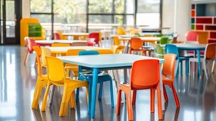 Colorful classroom tables and chairs, sunny day, learning space