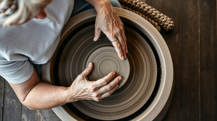 senior female potter working on pottery wheel while sitting in her workshop
