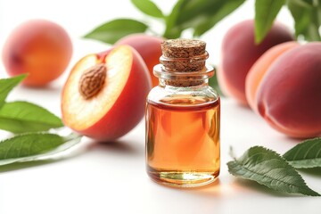Fresh Peach Oil in Glass Bottle with Whole Peaches and Leaves