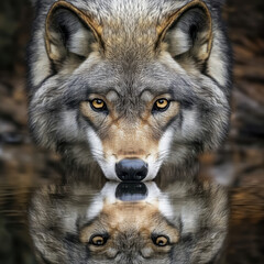 Fototapeta premium Majestic Wolf Gazes at Its Reflection in a Tranquil Pool