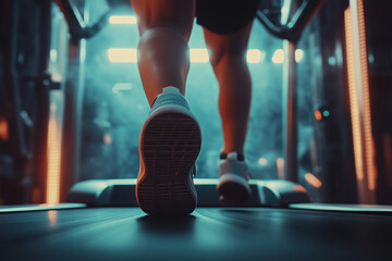 Low angle view of a person running on the treadmill, close-up of the shoe's bottom