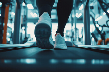 Low angle view of a person running on the treadmill, close-up of the shoe's bottom