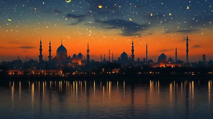 Fototapeta premium Sunset Silhouette Cityscape Mosques Starry Night