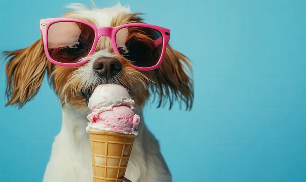 A dog wearing glasses is eating an ice cream cone