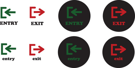 Enter and exit icon set. Entry and out sign black flat and line vector collection isolated on transparent background. Red and green sign with arrow symbol. Login logout register password vip entrance