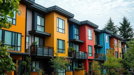 Fototapeta premium Colorful Modern Apartment Building with Green Trees and Sky