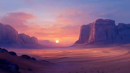 Desert sunset landscape, sandstone cliffs, tranquil scene, travel poster