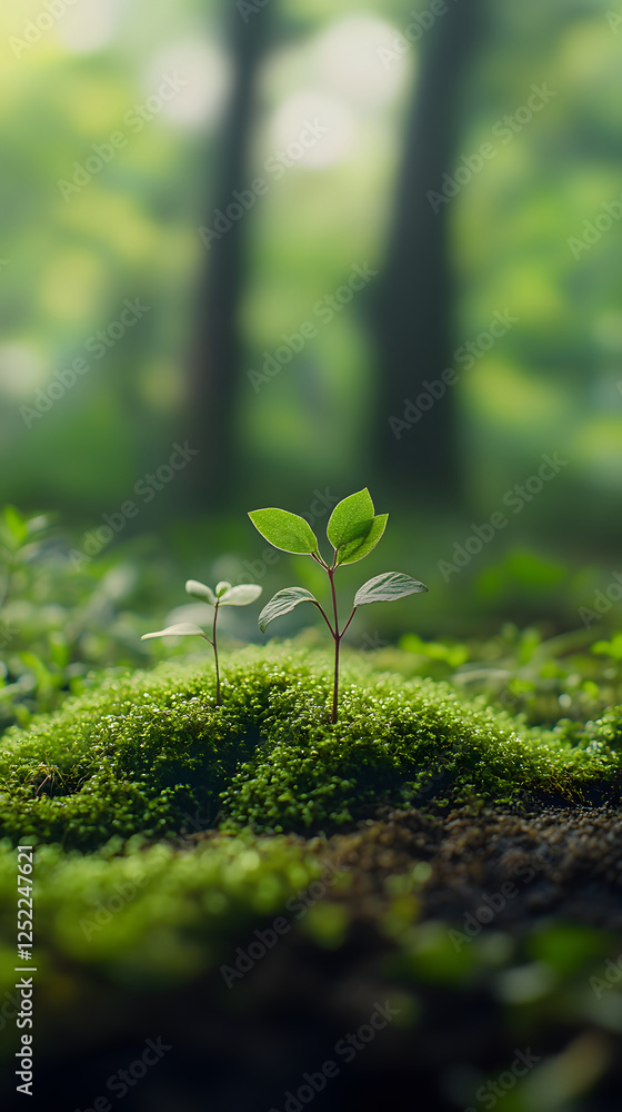 Poster seedlings and moss in forest setting