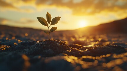 Sprout emerging from soil at sunset; hope, nature, growth