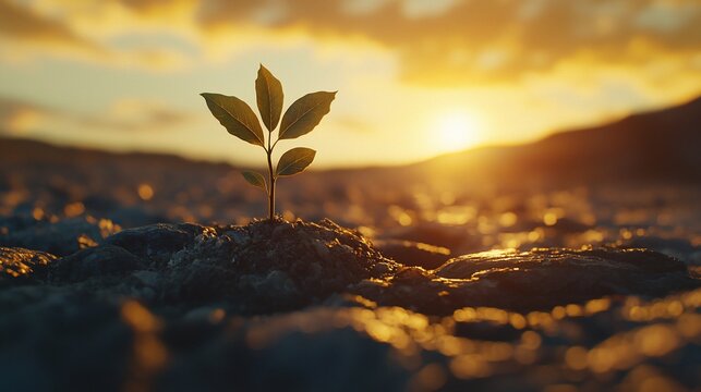 Sprout emerging from soil at sunset; hope, nature, growth