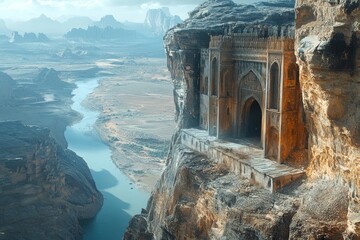 Cliffside ancient ruin overlooking river valley