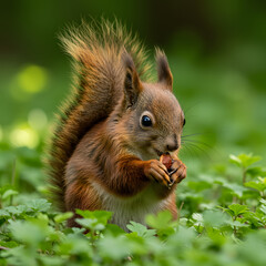 Obraz premium Brown Squirrel Eating Nut in Green Grass Forest