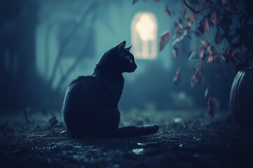 Black cat on spooky night with creepy Halloween background