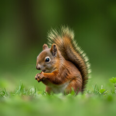 Obraz premium Red Squirrel Eating Nuts in Green Grass Forest