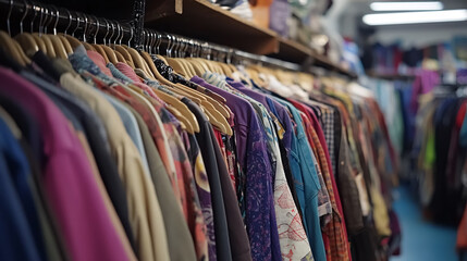 Obraz premium Individuals exploring the racks of a secondhand clothing store, searching for affordable and sustainable fashion options.