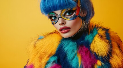 Obraz premium Vibrant Fashion Portrait with Colorful Makeup and Bold Costume Against Yellow Backdrop