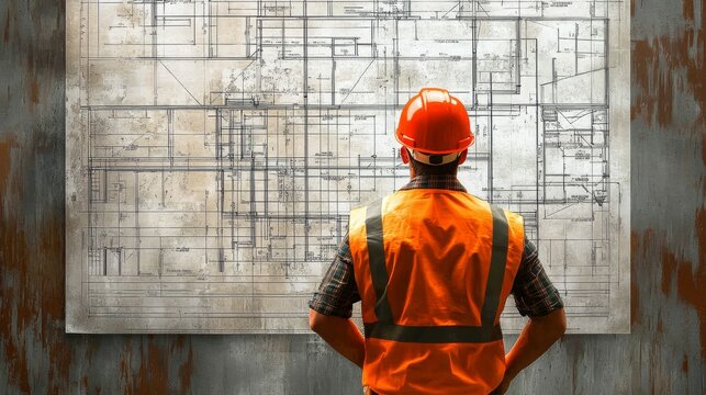 A construction worker examines architectural blueprints on a wall.