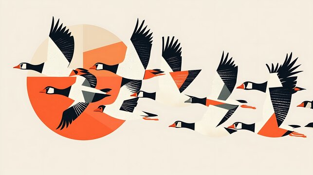 Illustrated poster geese with abstract wing patterns flying in a geometric formation, Swiss
