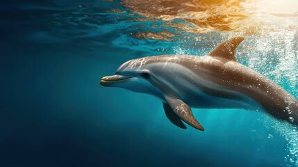 Obraz premium A playful dolphin swimming gracefully through clear blue ocean waters, sunlight filtering down