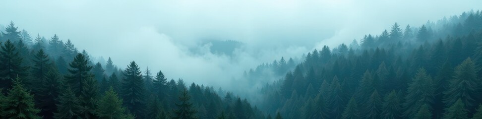 Dense fir forest shrouded in misty foggy atmosphere, fir, wilderness