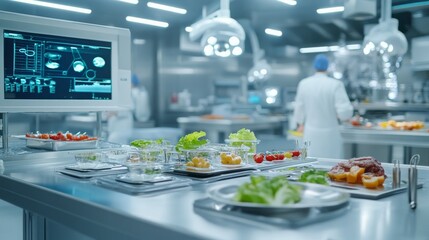 A modern kitchen with prepared dishes and a digital display, showcasing food preparation.