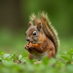 Obraz premium Red Squirrel Eating Nuts in Green Forest Environment