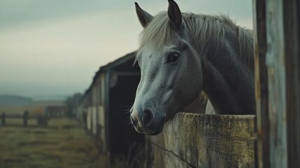 Grey horse looking over wooden fence at farm.