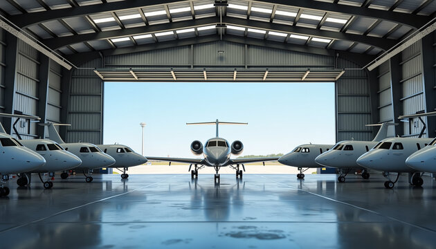 Luxury private jets parked inside a modern airport hangar