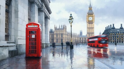 A rainy London scene featuring a red telephone booth, Big Ben, and a double-decker bus.