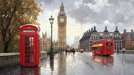 A rainy scene featuring a red telephone booth and a double-decker bus near Big Ben.