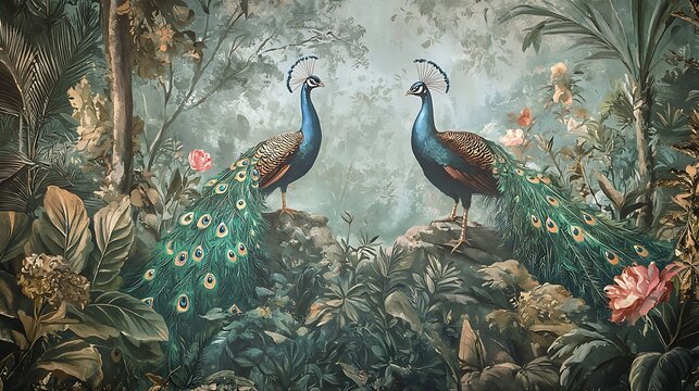 Fototapeta Botanical mural wallpaper with peacocks and a vintage Roman forest backdrop featuring floral details