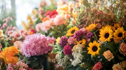 Colorful flower shop display, sunlight, floral arrangements, bouquets