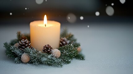 A Serene Winter Scene with a Flickering Candle Surrounded by Pine Cones, Snow, and Evergreen Foliage, Evoking a Cozy Holiday Atmosphere and Warmth