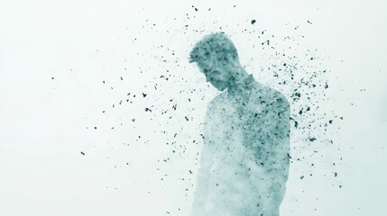 A silhouette of a man dissolving into particles, symbolizing introspection and fragility.