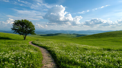 Obraz premium Lonely tree path, mountain meadow, sunny day, scenic landscape, travel poster