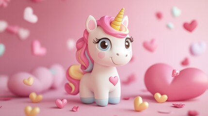 Fototapeta premium 3D cute and colorful unicorn for valentines day