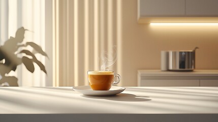 Steaming coffee cup on kitchen counter, sunlight through curtains