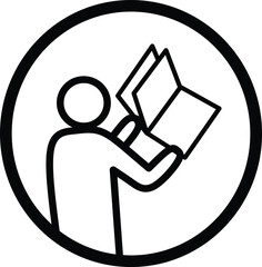 Minimalistic black and white icon of a person reading an open book, enclosed in a circle. Perfect for educational, instructional, or informational design projects and signage
