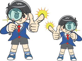 虫眼鏡を構え問題解決し指差して指摘する賢い少年