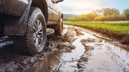 Obraz premium Off-road vehicle navigating muddy terrain at sunset, showcasing nature's beauty in the background
